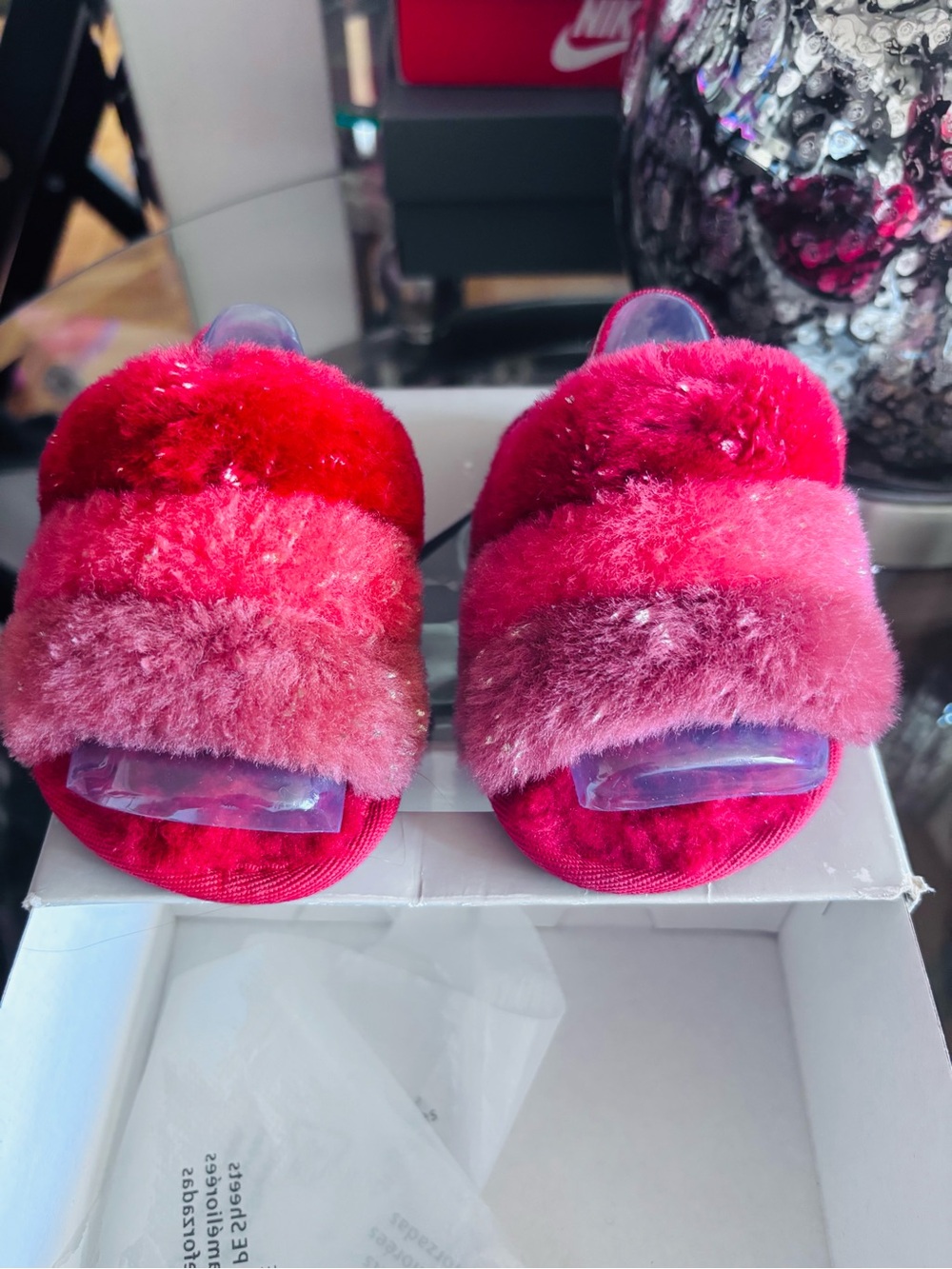 UGG Kids Pink to Red Ombre Fluff Slippers